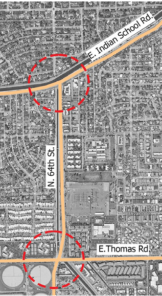 map highlighting the intersections fo 64th street at thomas road and also at indian school road