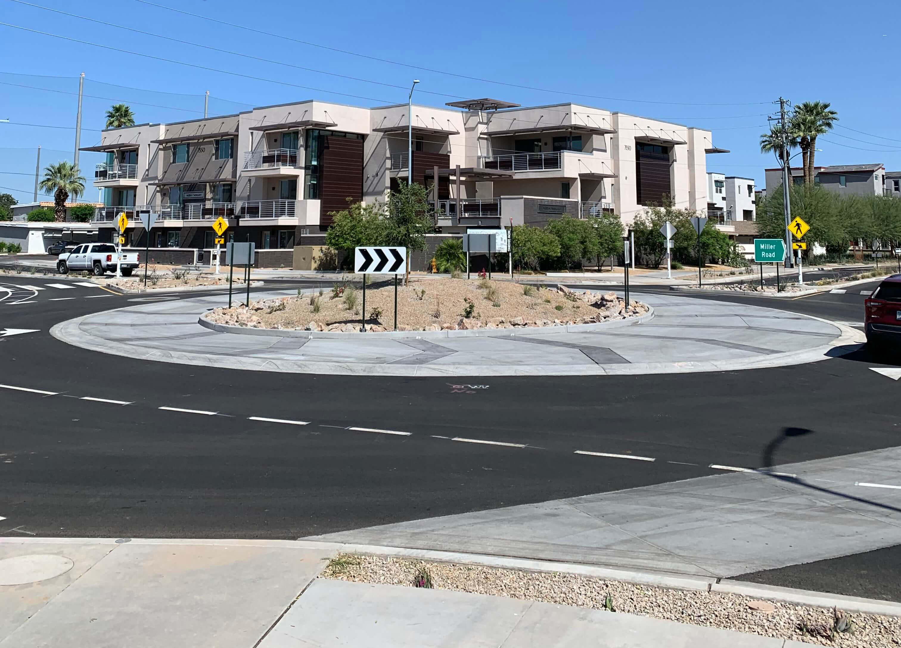 completed project with roundabout and accessible cross walks 