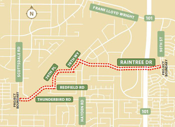 map indicating Raintree drive extension route from the 101 freeway to scottsdale rd