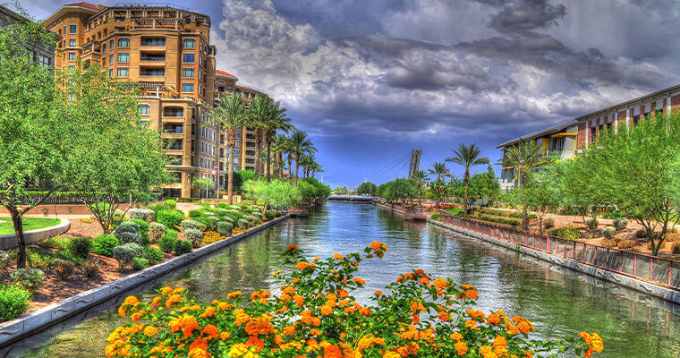 looking down the canal and waterfront in old town scottsdale