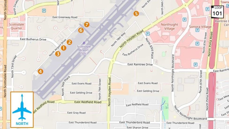 A simplified map showing Scottsdale Airport runways, nearby roads, neighborhoods, and key labeled locations.