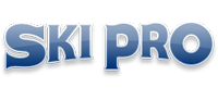 Ski Pro Logo Ski Pro logo with bold blue gradient lettering outlined in white and black on a black background.