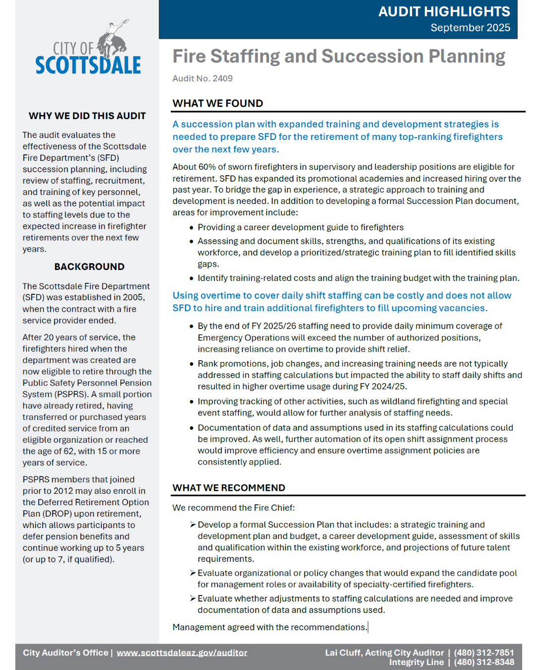 Scottsdale Audit Highlights document titled ‘Fire Staffing and Succession Planning – Audit No. 2409.’