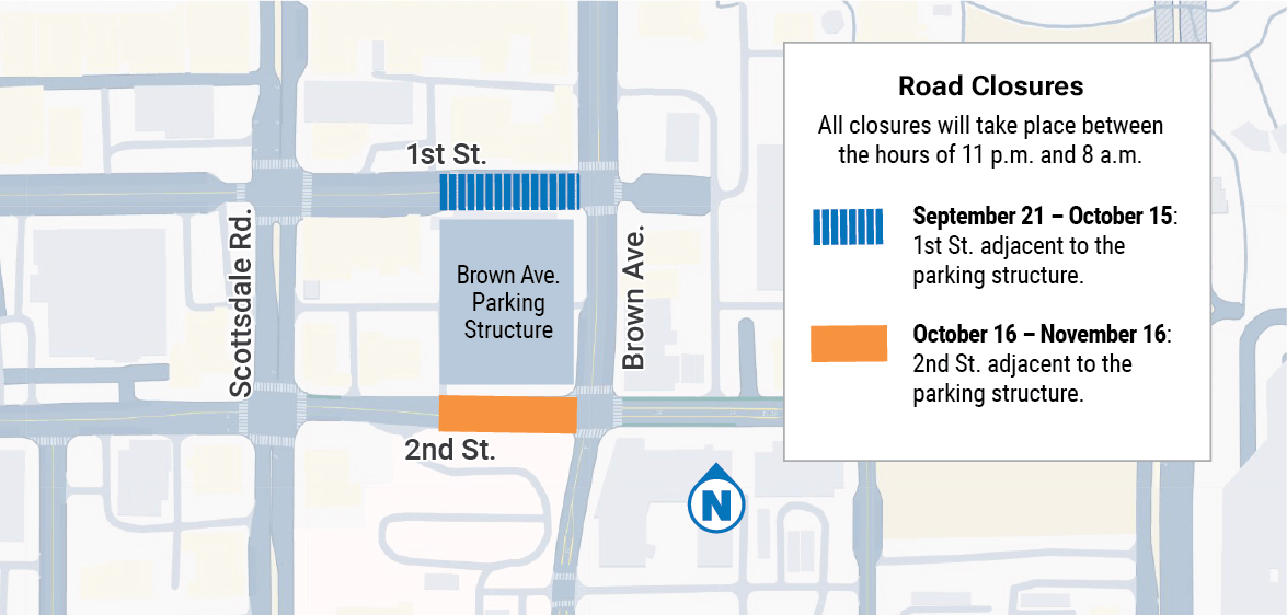 Map showing upcoming road closures on 1st St., 2nd St., and Brown Ave. near the parking structure.