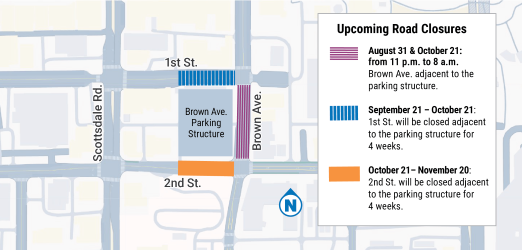 Map showing upcoming road closures on 1st St., 2nd St., and Brown Ave. near the parking structure.