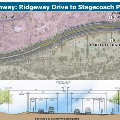 Map showing the section of Carefree Highway from Ridgeway Drive to Stagecoach Pass Road, including a cross-section view of the road layout with lanes, bike lanes, sidewalks, and benches.