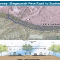 Map showing the section of Carefree Highway from Stagecoach Pass Road to Scottsdale Road, including a cross-section view of the road layout with lanes, bike lanes, sidewalks, and benches.