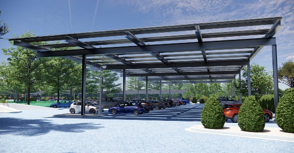 An architectural rendering of a parking lot covered by large solar panel canopies.