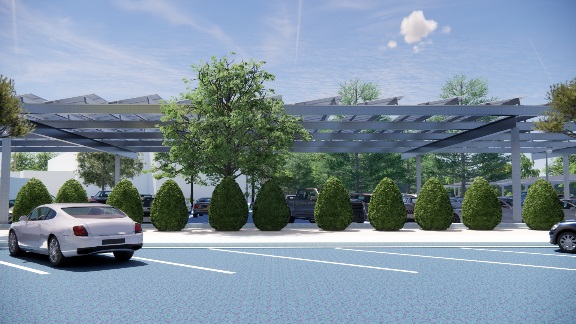 An architectural rendering of a parking lot covered by large solar panel canopies.