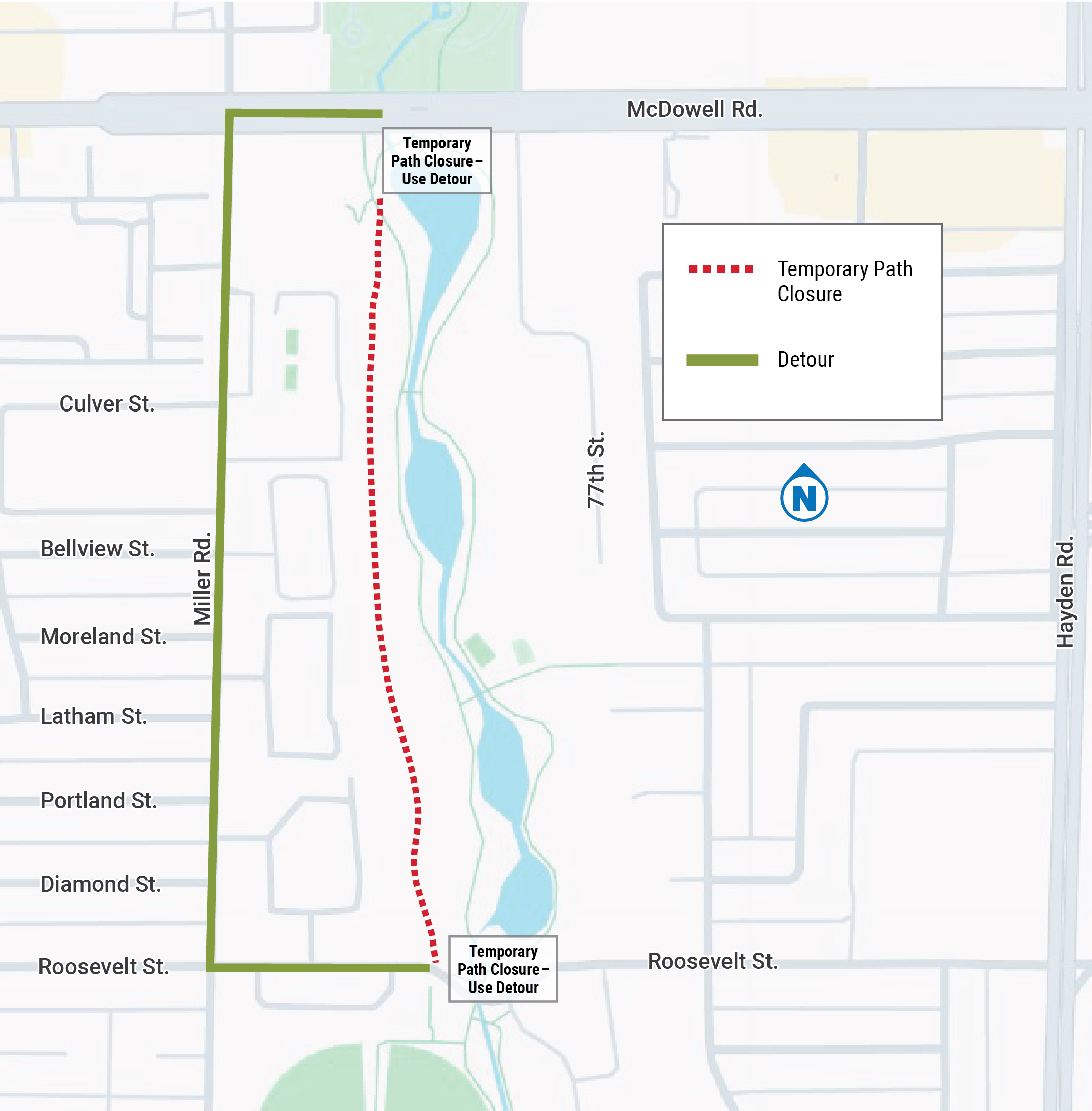 Indian-Bend-Wash-MUP-Detour-Map R2 Map showing Indian Bend Wash path closure and detour along Miller Rd between McDowell and Roosevelt.