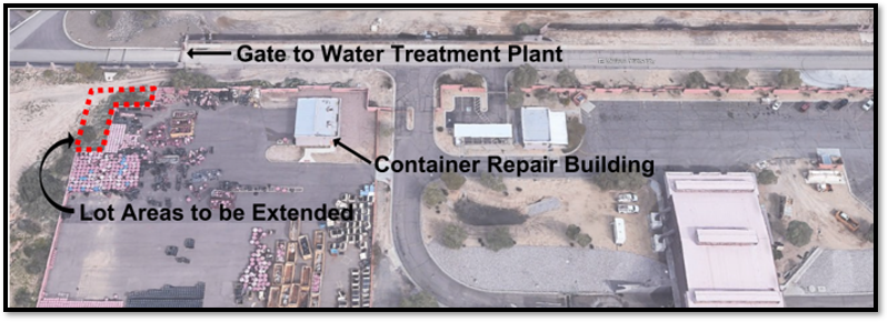 Annotated aerial view showing a current storage lot extension.