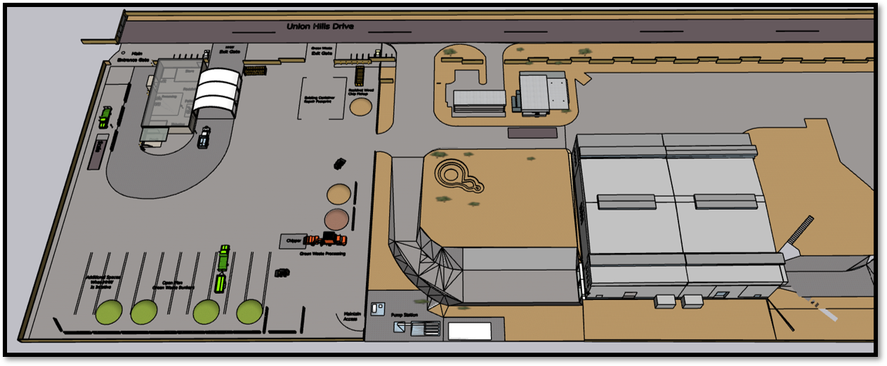 Aerial rendering of an industrial yard layout and planned construction next to Union Hills Drive.