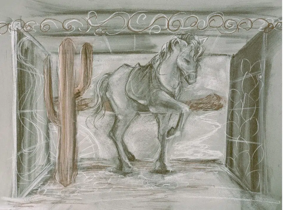 Pastel-style drawing of a horse stepping through shallow water inside a decorative frame, with desert cacti and distant hills in the background, rendered in soft gray and earth tones.