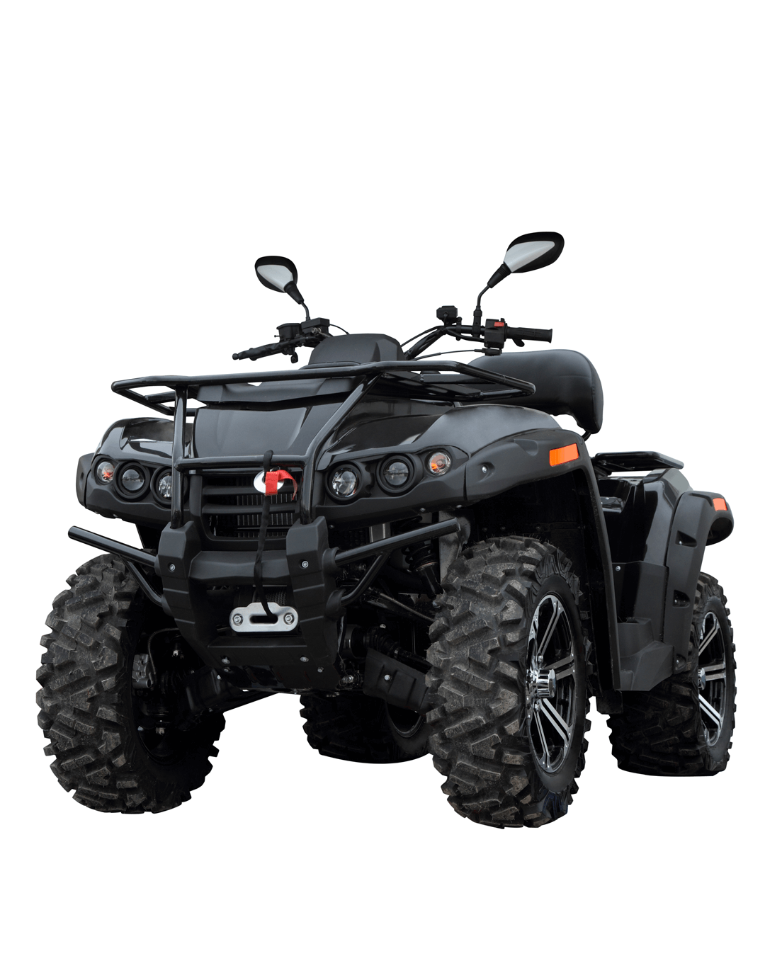 Black four‑wheel ATV with large knobby tires, front brush guard, cargo racks, and mirrors on the handlebars.