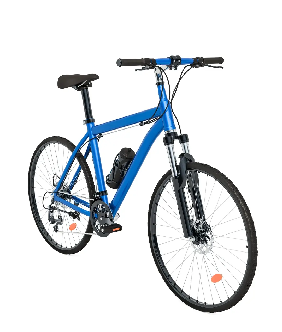 Blue hybrid-style bicycle with front suspension, disc brakes, and a mounted water bottle