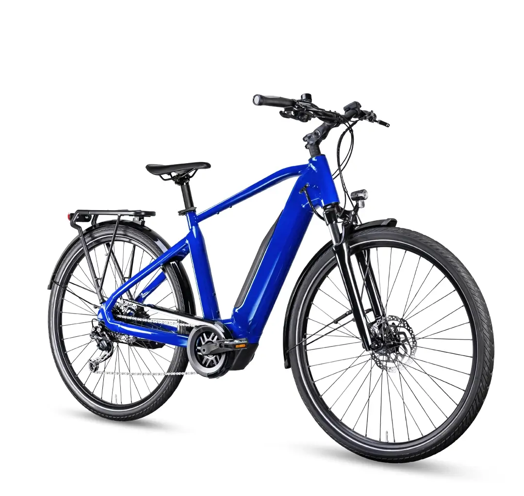 Blue electric bicycle with integrated battery, rear rack, front suspension, and disc brakes