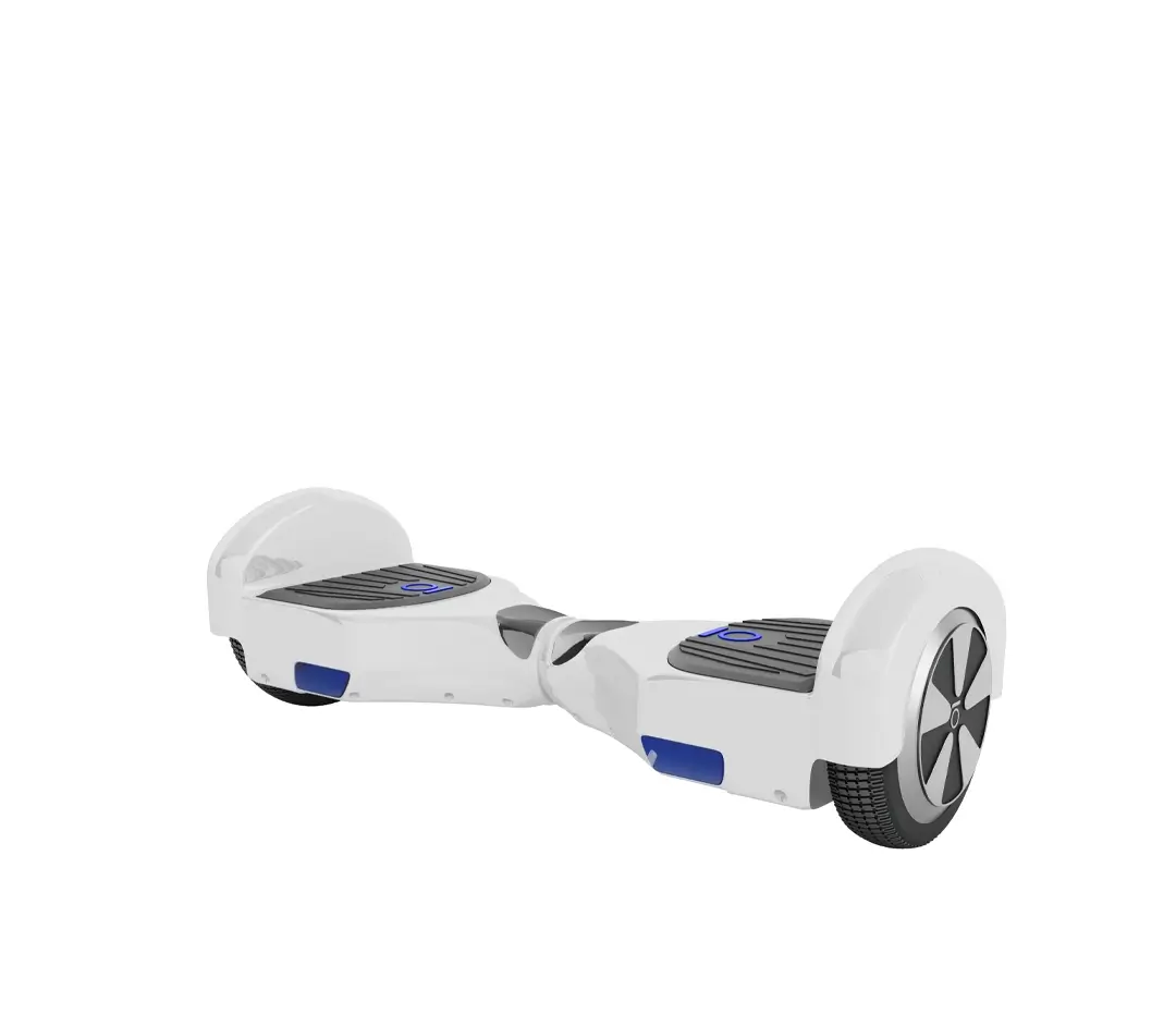 White hoverboard with black foot pads and blue accent lights