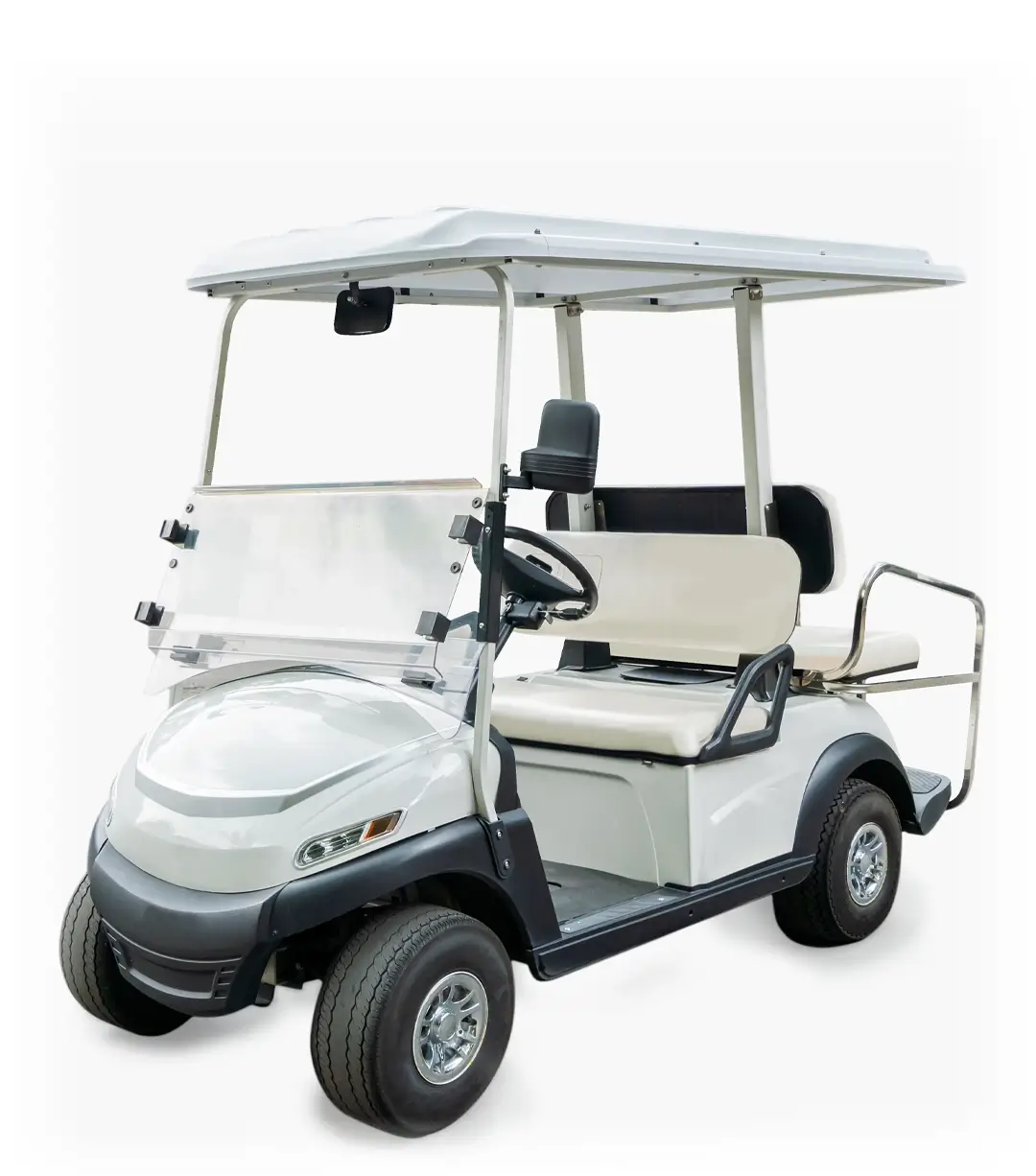 White golf cart with roof, windshield, and front and rear bench seats
