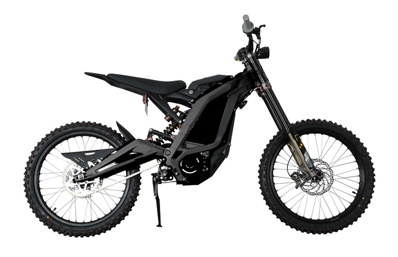 Black off‑road electric dirt bike with knobby tires and front and rear suspension