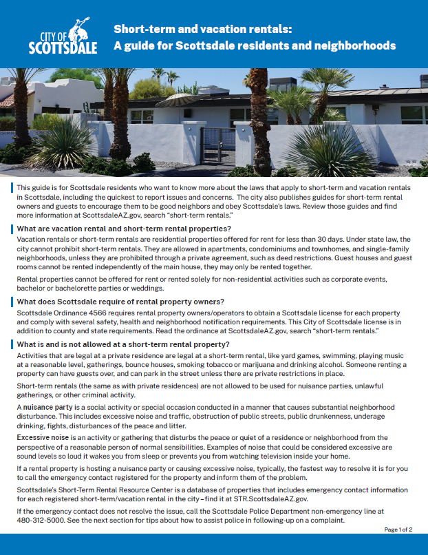 Guide cover showing Scottsdale home exterior with palm trees and text about short-term rentals.