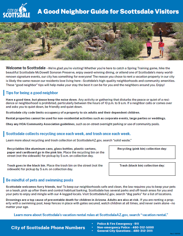 Guide cover showing visitors walking a desert trail with tips for Scottsdale neighborhood etiquette.