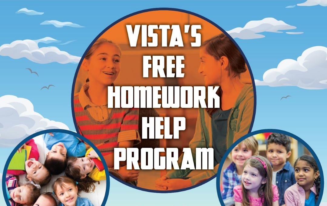 Graphic reading "Vista's Free Homework Help Program" with photos of smiling children