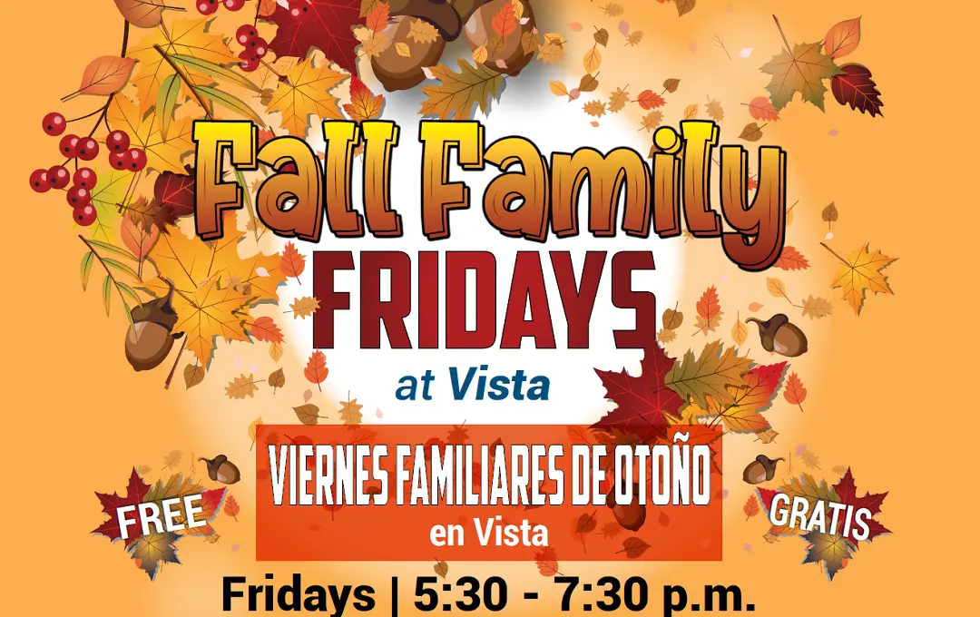 Colorful fall-themed flyer with leaves advertising free Fall Family Fridays event in English and Spanish.
