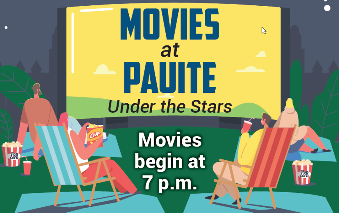 Cartoon people watching a movie screen in a park setting