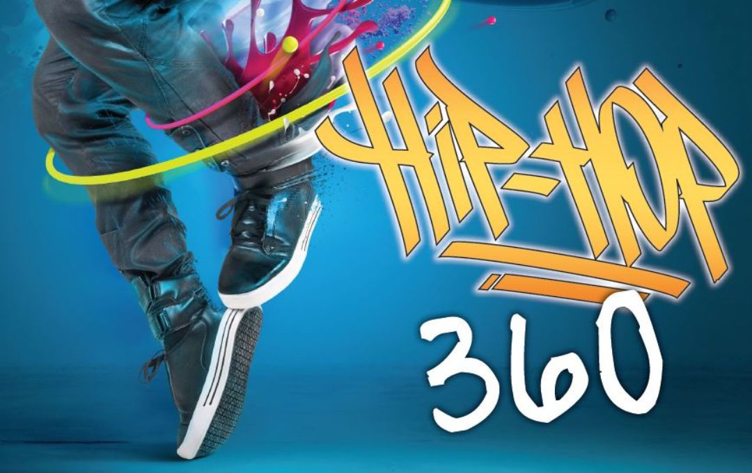 Breakdancer jumping with colorful graffiti text reading Hip-Hop 360 on bright blue background.