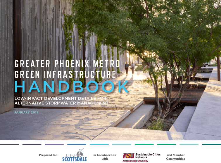 Cover of the Greater Phoenix Metro Green Infrastructure Handbook featuring landscaped urban walkway.
