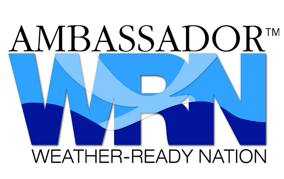 Weather-Ready Nation Ambassador logo with large blue ‘WRN’ letters and the words ‘AMBASSADOR’ above and ‘WEATHER-READY NATION’ below.