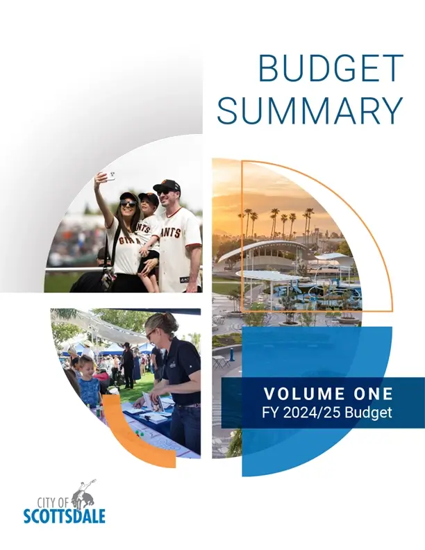 City of Scottsdale budget cover featuring community events, sports fans, and local amenities