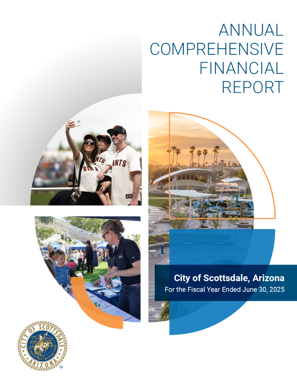 Annual financial report cover featuring community event photos, a stadium scene, and city seal