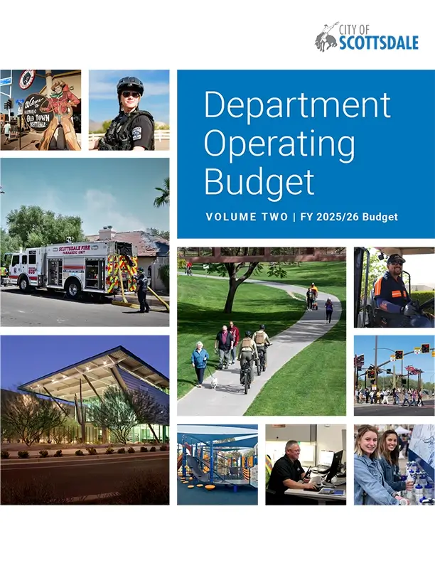 City of Scottsdale operating budget cover featuring city services, facilities, employees, and community scenes.