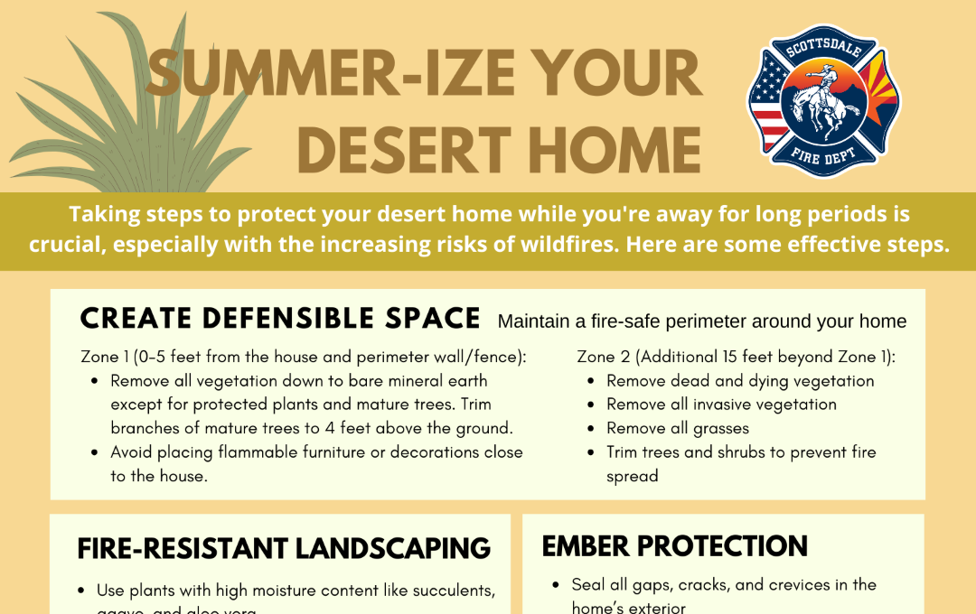 Wildfire safety flyer titled “Summer‑ize Your Desert Home” with tips and zone guidelines