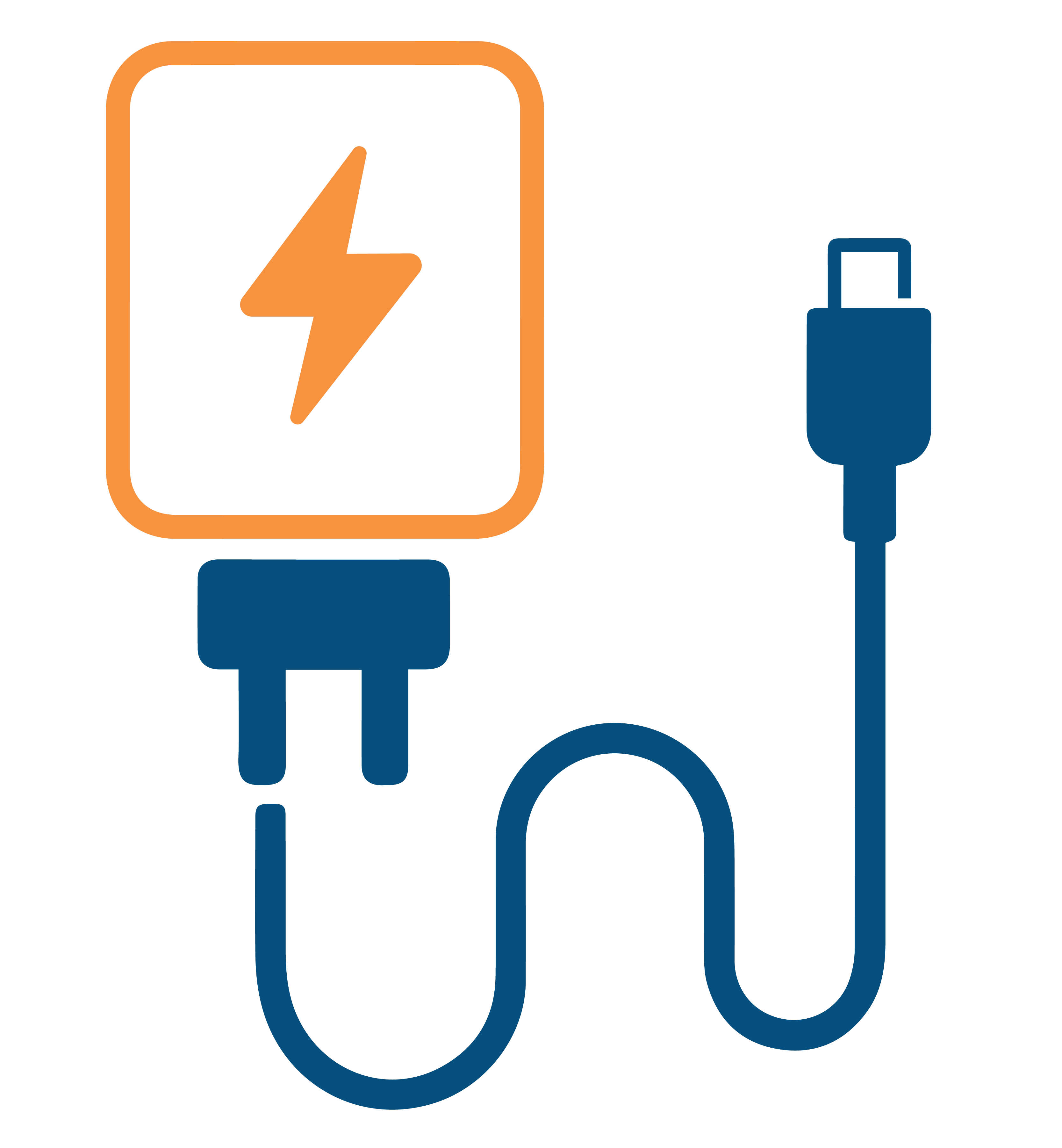 Orange power adapter icon with a lightning bolt and a blue charging cable attached.