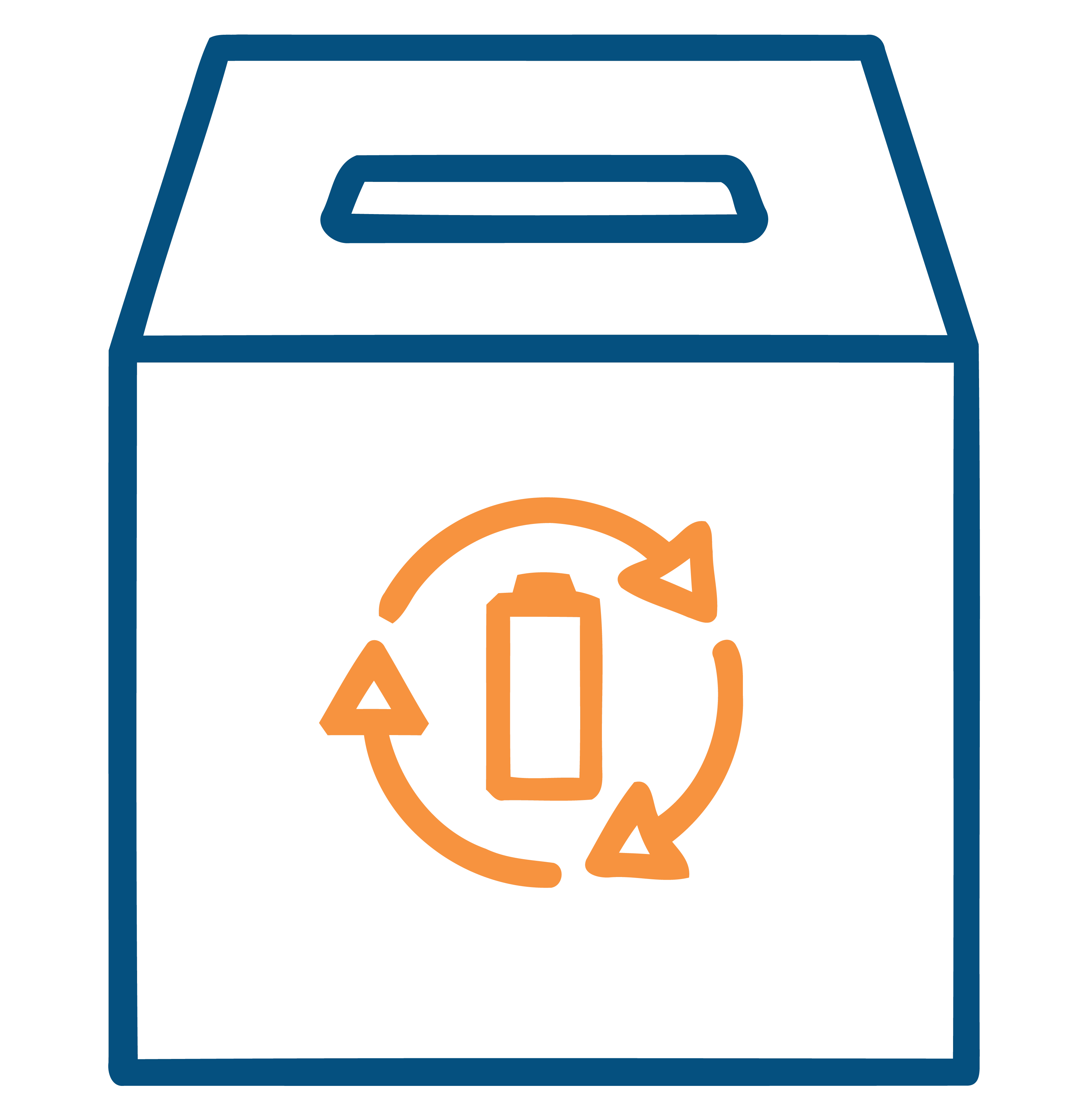 Blue drop box icon with an orange battery recycling symbol on the front.
