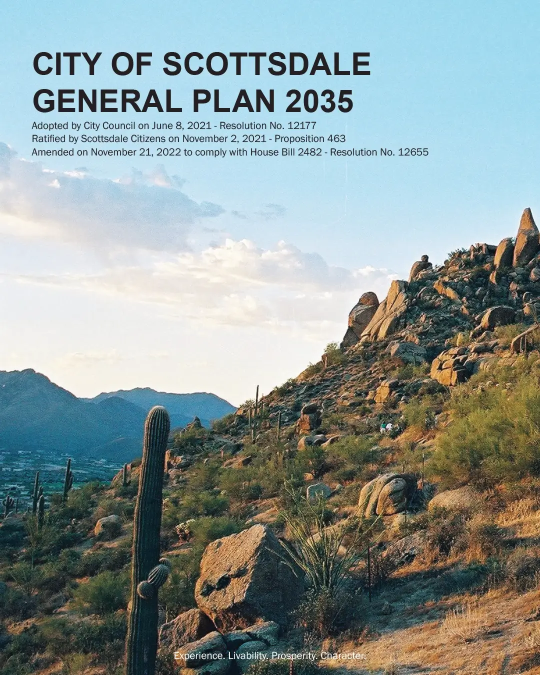 Scottsdale General Plan 2035 cover featuring desert mountains, cacti, and a scenic landscape.