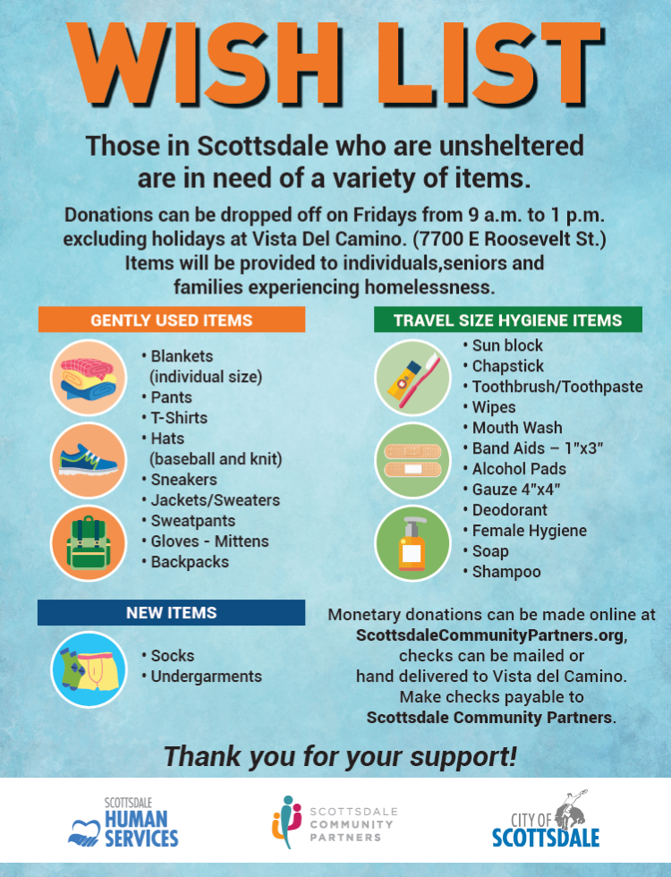 Wish list flyer showing needed clothing, hygiene items, and donation details for unsheltered people in Scottsdale.