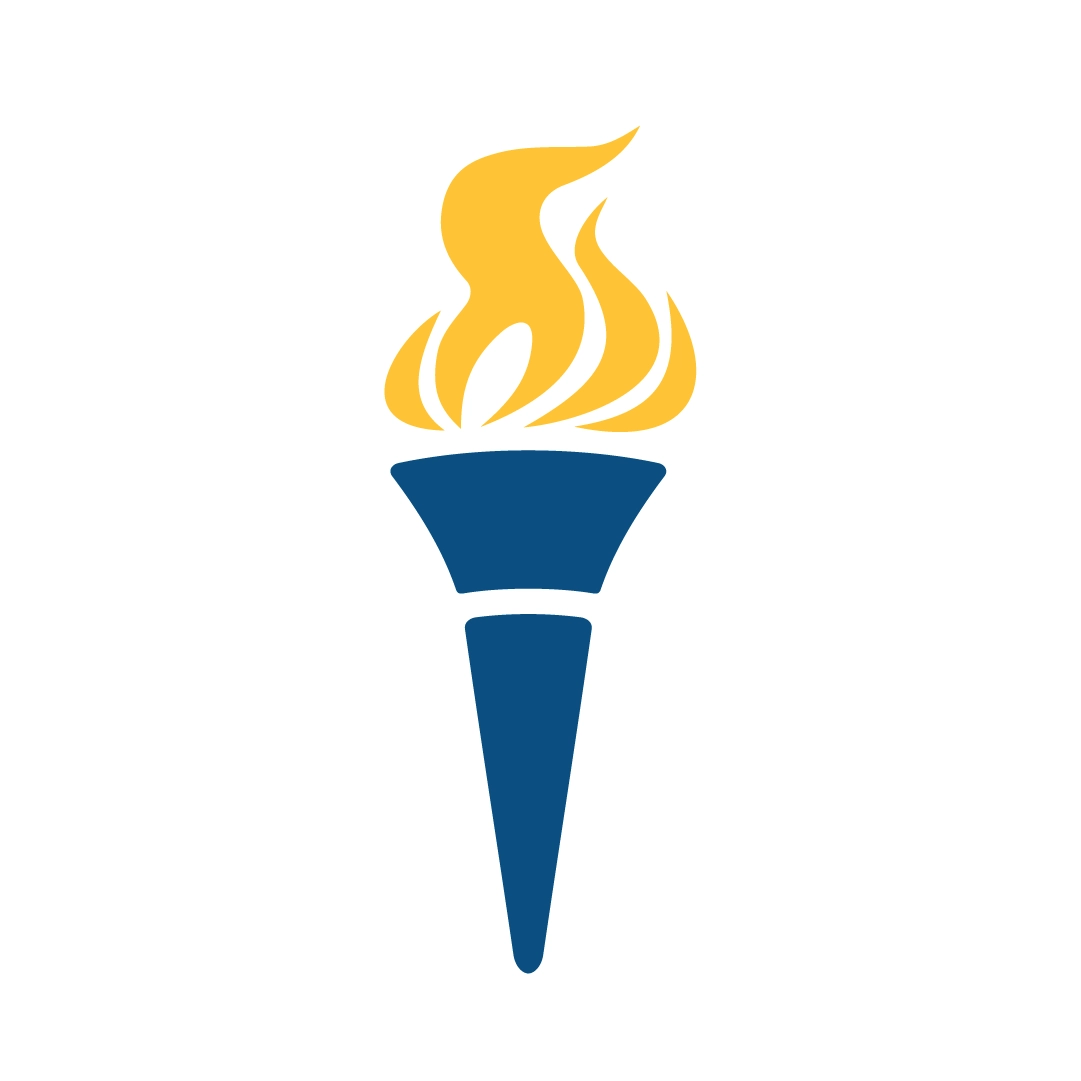 Stylized blue torch with a bright yellow flame made of curved shapes.