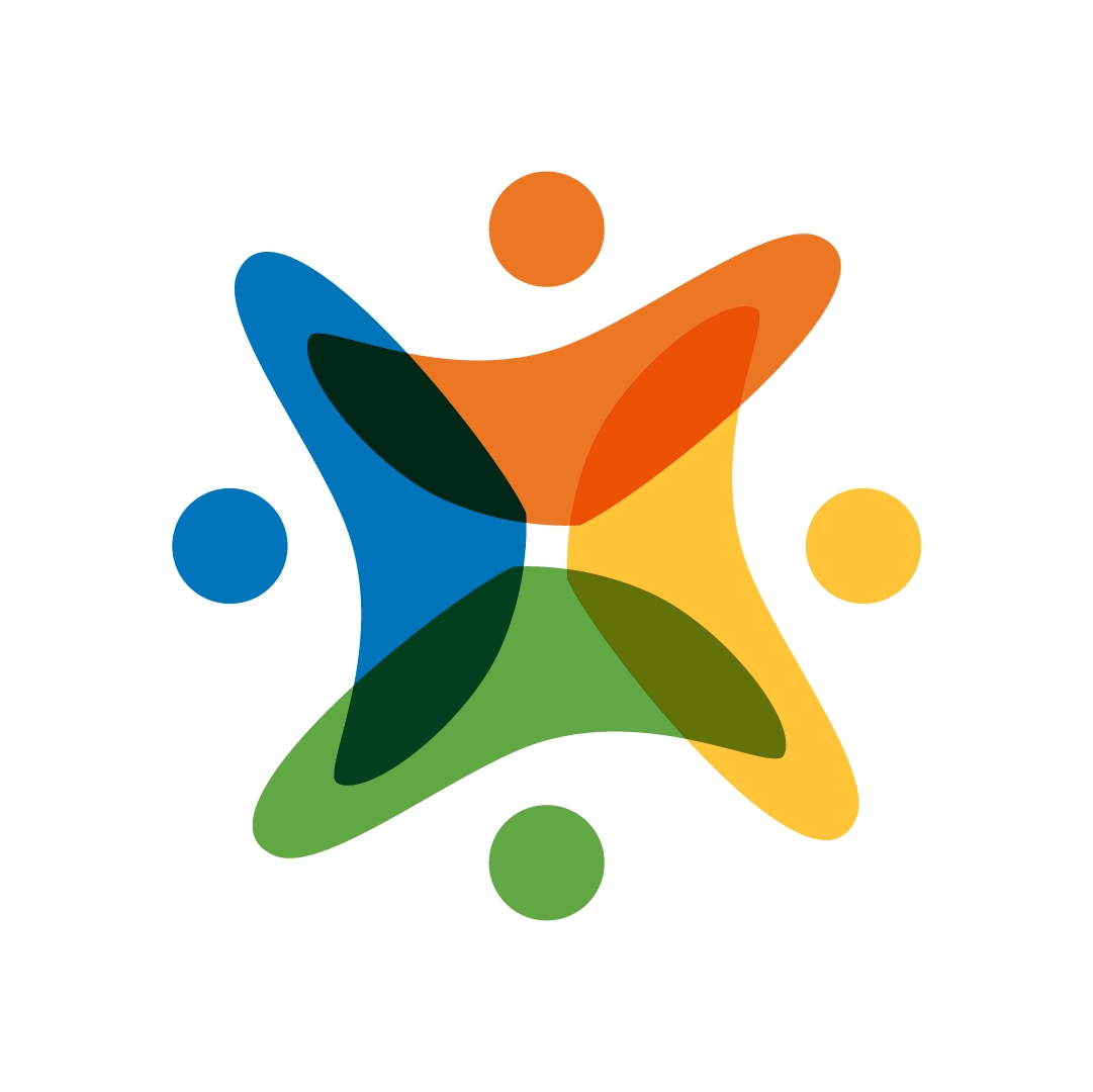 Multicolored abstract emblem with overlapping blue, green, orange, and yellow shapes forming a star‑like figure surrounded by four small circular dots.