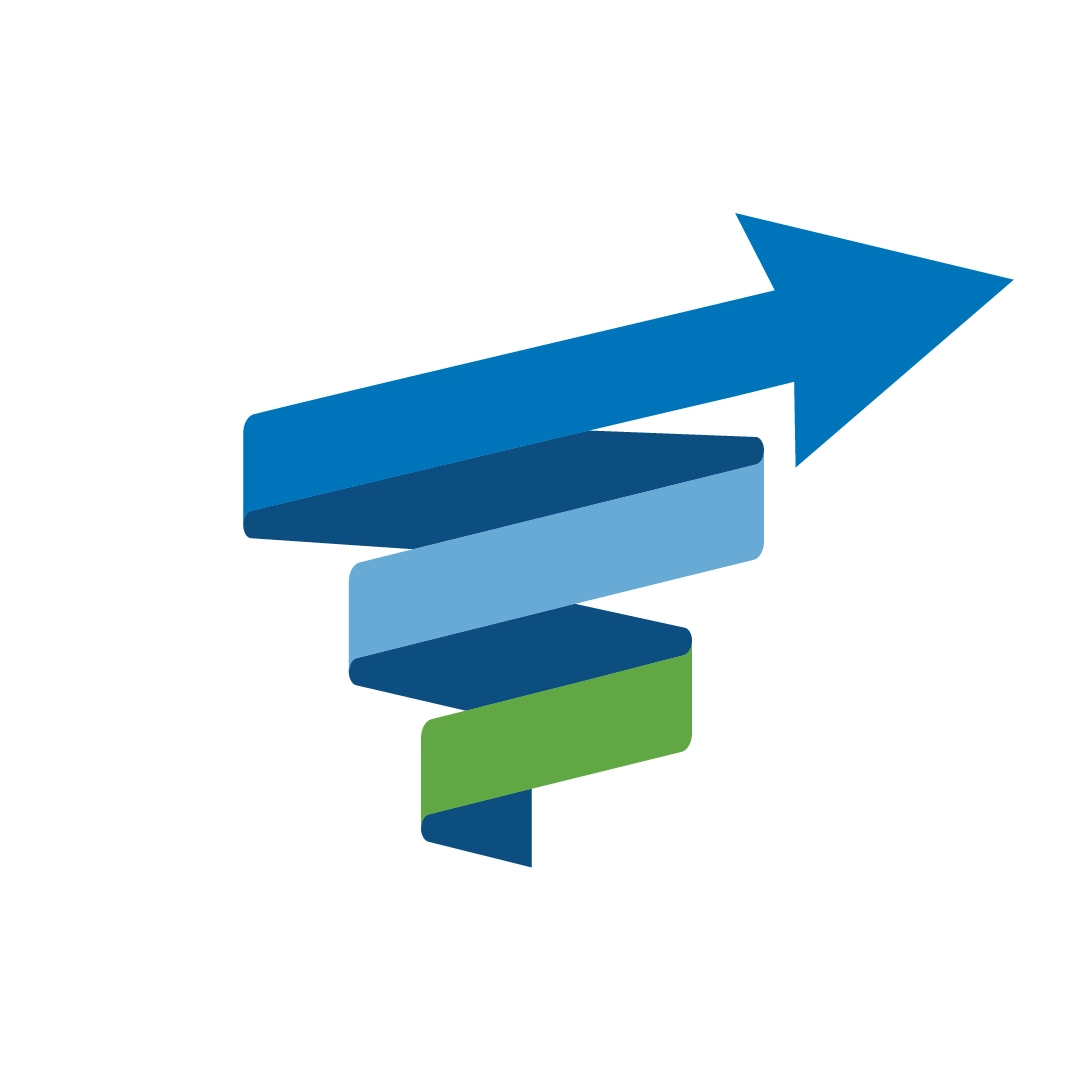 Upward‑pointing blue arrow formed by layered shapes in dark blue, light blue, and green.
