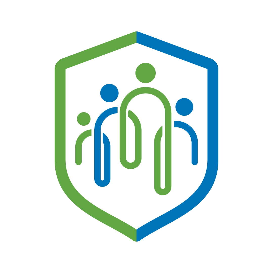 Shield-shaped icon outlined in green and blue containing simplified green and blue human figures arranged in a group.