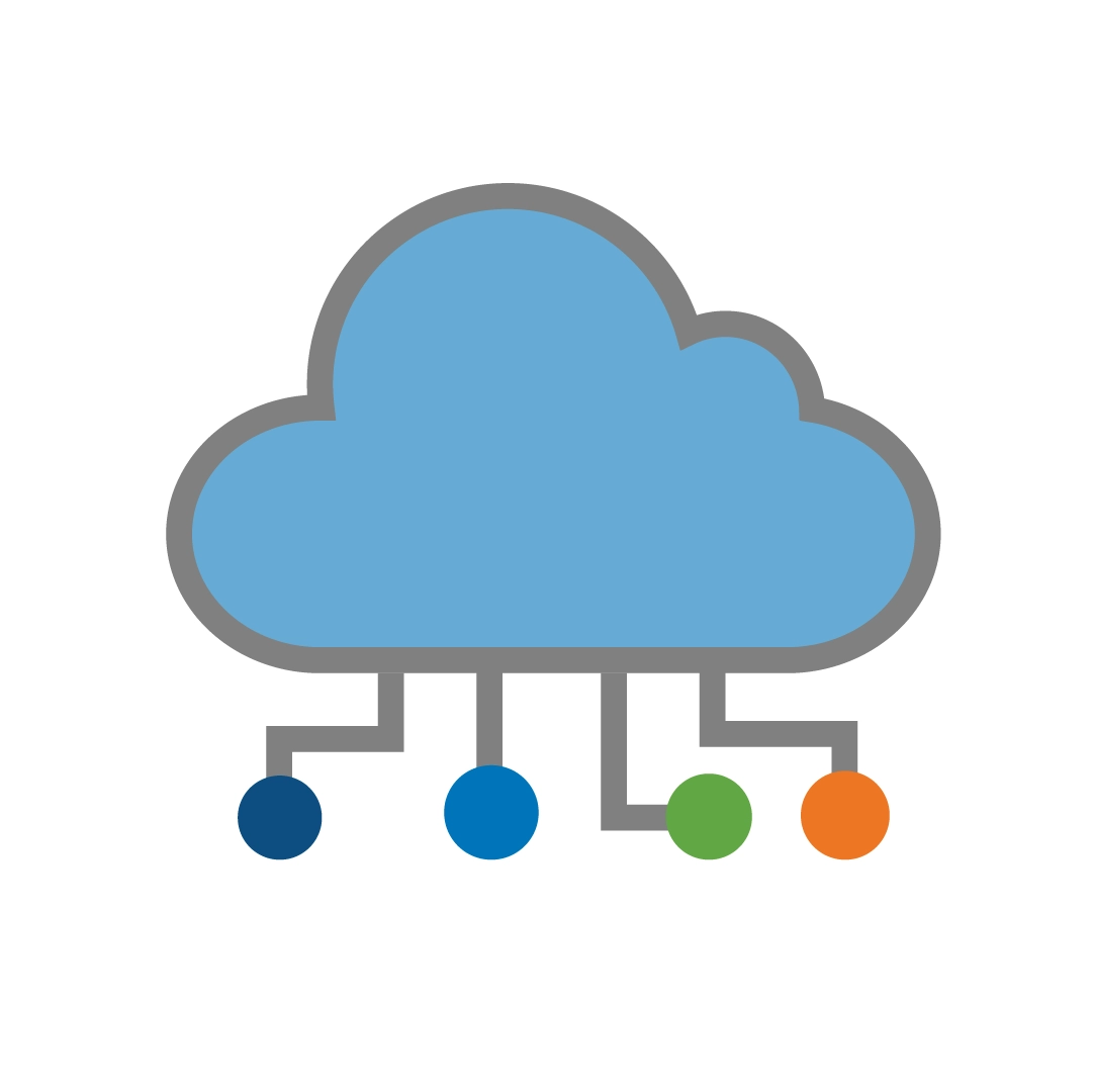 Blue cloud icon outlined in gray with four colored circles—dark blue, blue, green, and orange—connected below by short gray lines.