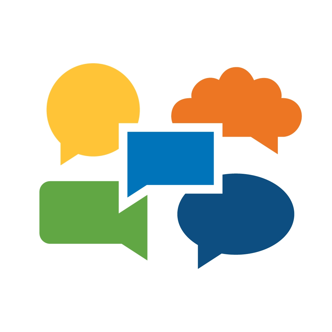 Five overlapping speech bubbles in yellow, orange, blue, green, and dark blue, each with a simple rounded shape.