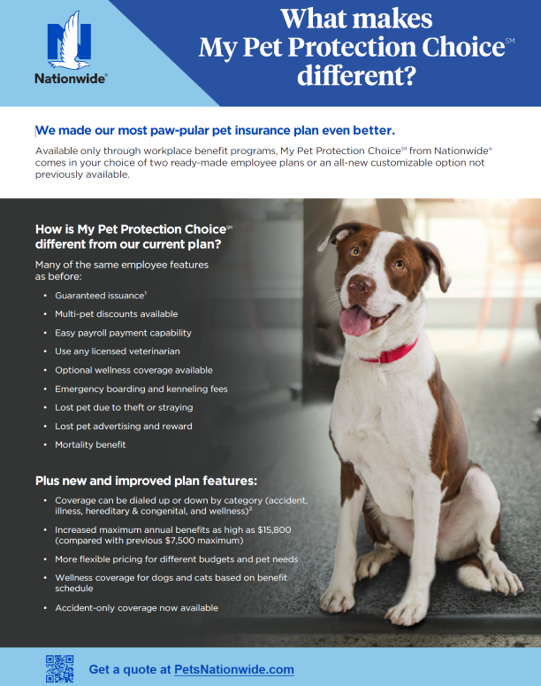 Pet insurance flyer featuring plan details beside an image of a sitting dog