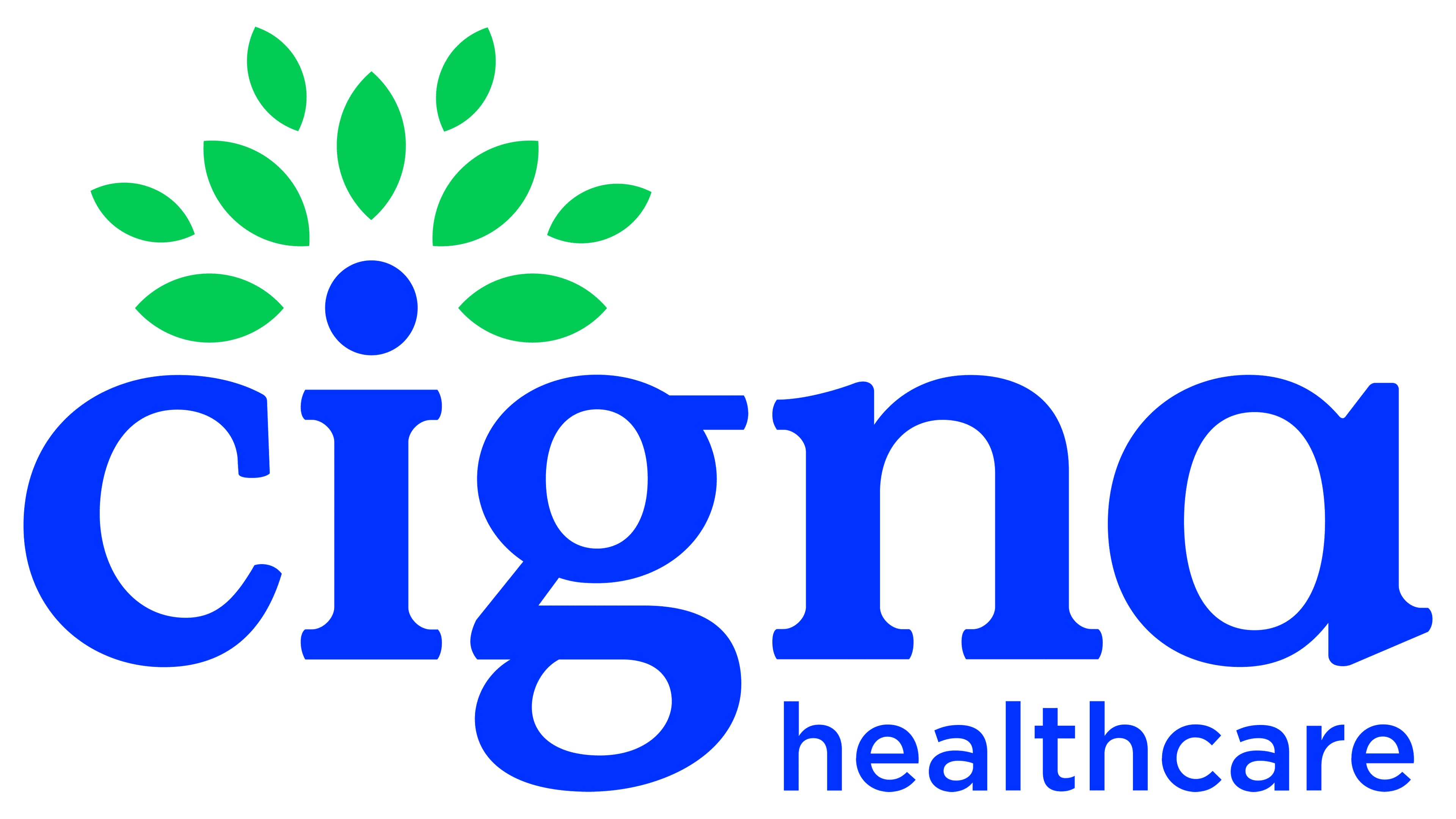 Cigna Healthcare logo with a blue lowercase wordmark and smaller blue healthcare text beneath it, topped by a stylized green tree with a blue circular trunk on a light gray background.