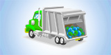 Illustration of a green and white garbage truck carrying bags of trash.