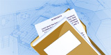 Illustration of a manila folder with property documents and reports on top, set against a blue background with faint technical drawings.