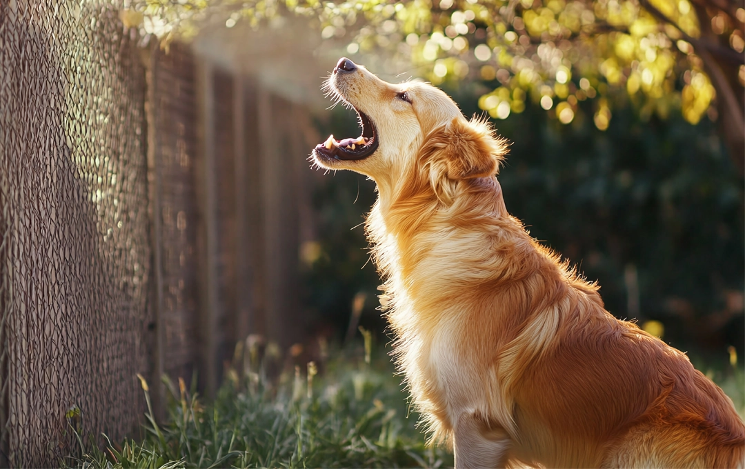 golden retriever dog barking at a fence